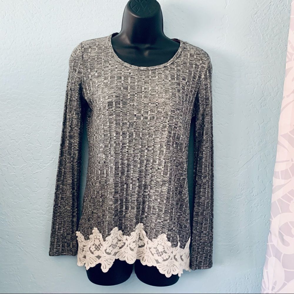 Rewind Gray Ribbed Long Sleeve Shirt Lace Hem Size XS